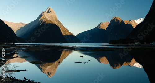 Milford Sound with Mitre Peak reflecting on the water, New Zealand