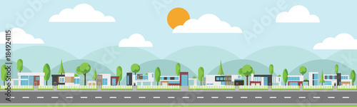 Landscape of modern houses with tree and clouds and along the roads, Modern building and architecture along the roads, Flat home vector illustration.