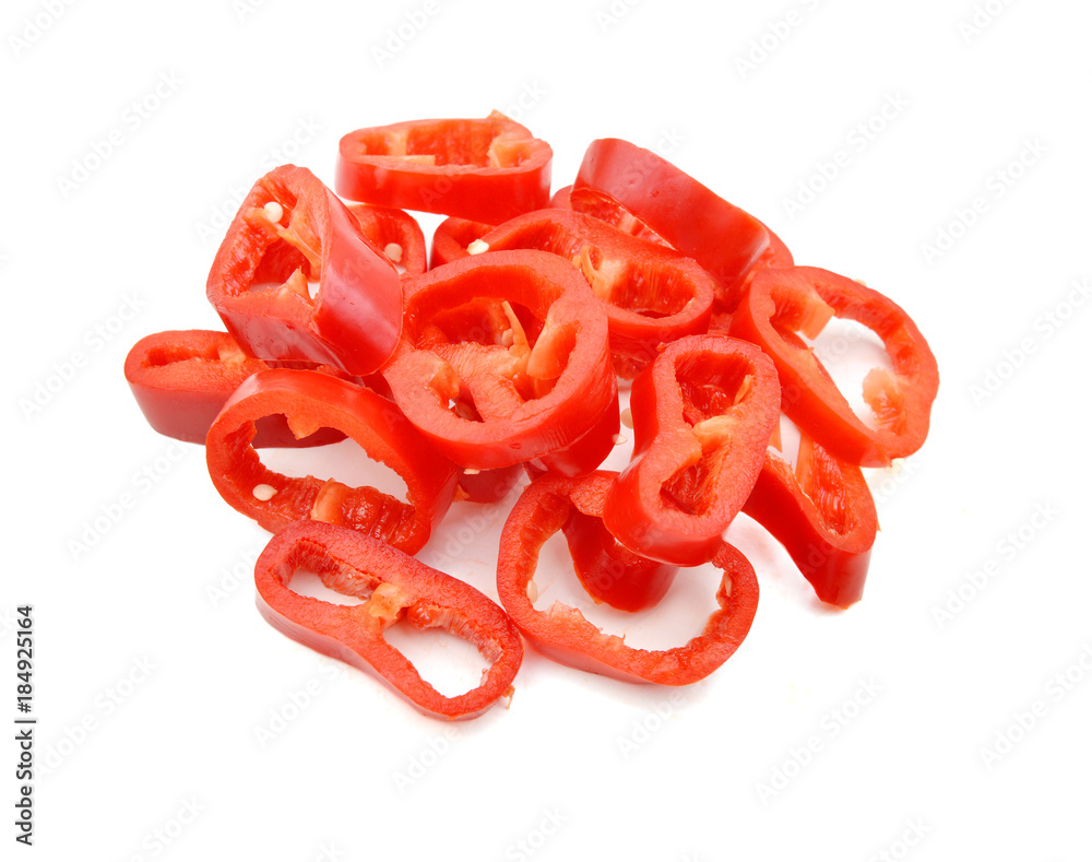 Red sweet bell pepper slices isolated on white background cutout Red sweet bell pepper slices isolated on white background cutout