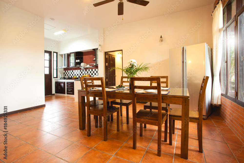 Fototapeta premium Luxury interior design in livingroom of pool villas