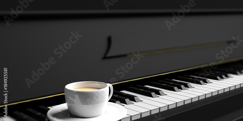 Photography Cup of coffee on a piano keyboard. 3d illustration