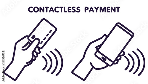 NFC technology payment vector ounline icon. Contacless, wireless payment with credit plastic card, smartphone, POS terminal. Mobile pay isolated sign