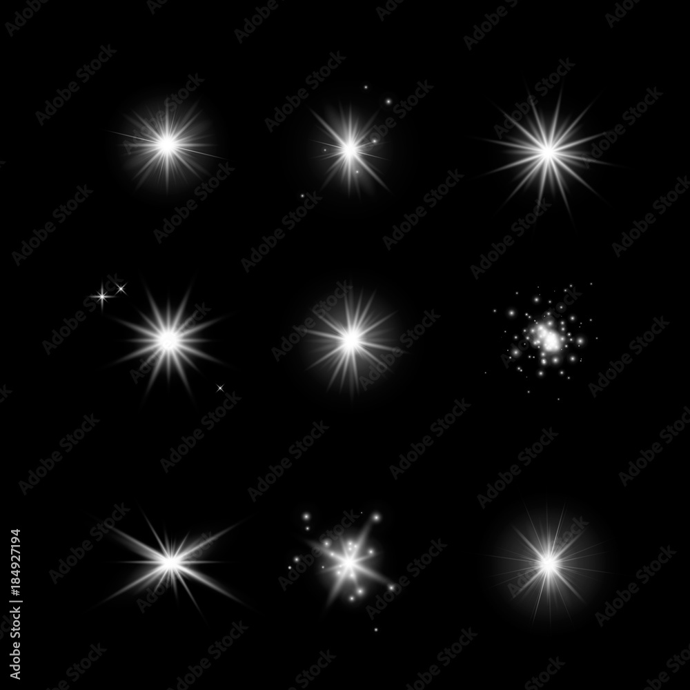 Set of glowing light effect stars. Bursts with sparkles on dark transparent background. Transparent vector stars isolated on dark Set of glowing light effect stars. Bursts with sparkles on dark transparent background. Transparent vector stars isolated on dark