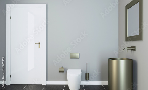 Konstfotografi Freestanding bath with towels in grey modern bathroom