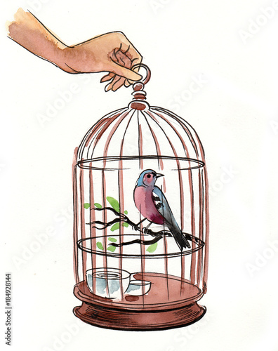 Watercolor sketch of a hand holding a cage with a bird