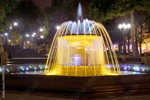 Sabir square fountain, Baku, Azerbaijan at night. The fountain in the city center. Baku Azerbaijan . night vision of a round park Fountains square