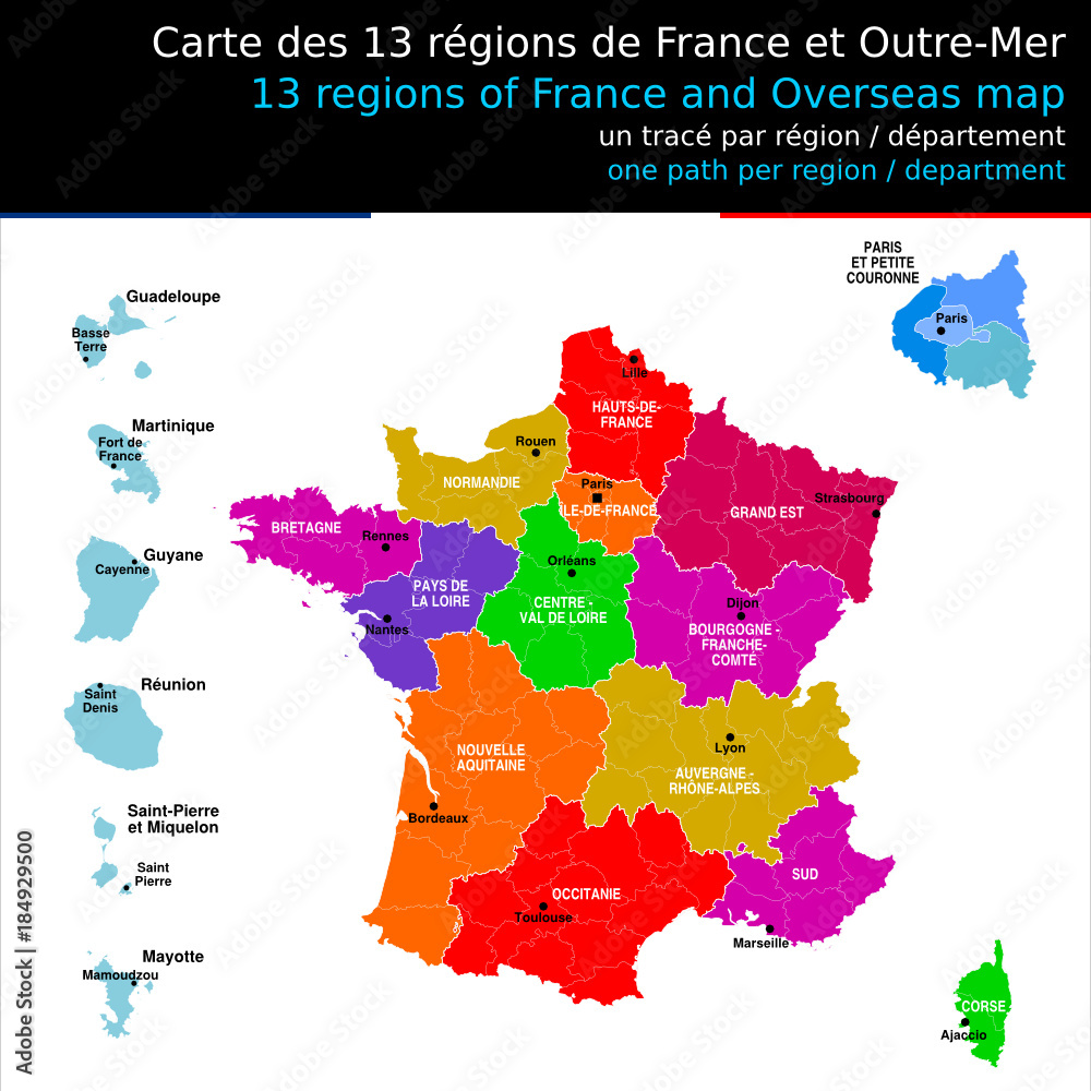 Vetor Do Stock Nouveau Region Sud Carte Des 13 Regions De France Avec Le Nom Des Regions Et Chef Lieux De Region Un Trace Autonome Par Region Departement Adobe Stock