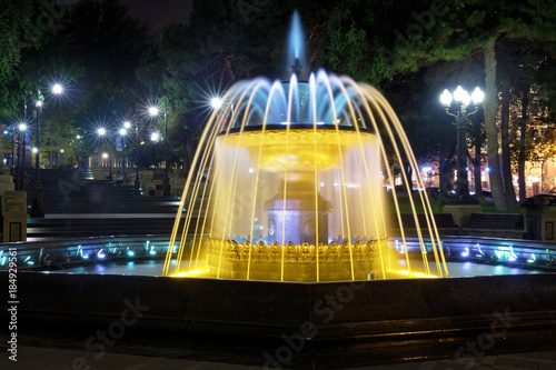 Sabir square fountain, Baku, Azerbaijan at night. The fountain in the city center. Baku Azerbaijan . night vision of a round park Fountains square