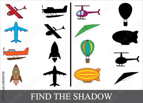 Education game for children. Find the correct shadow. Set of cartoon air transport.