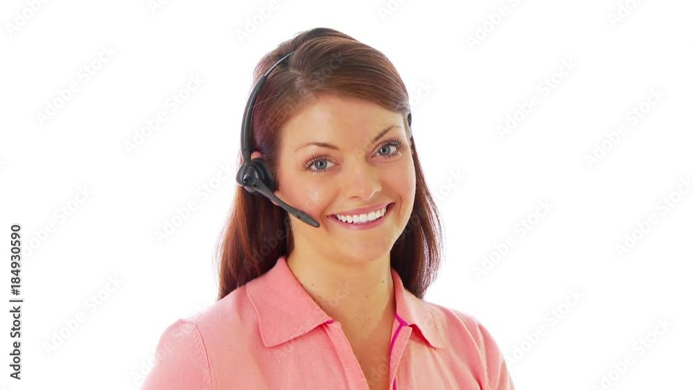 Customer service woman looking at camera smiling Customer service woman looking at camera smiling