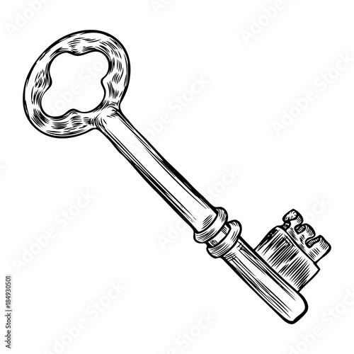 Hand drawn antique key. Sketch style of vintage key on white background. Old design illustration. Vector.