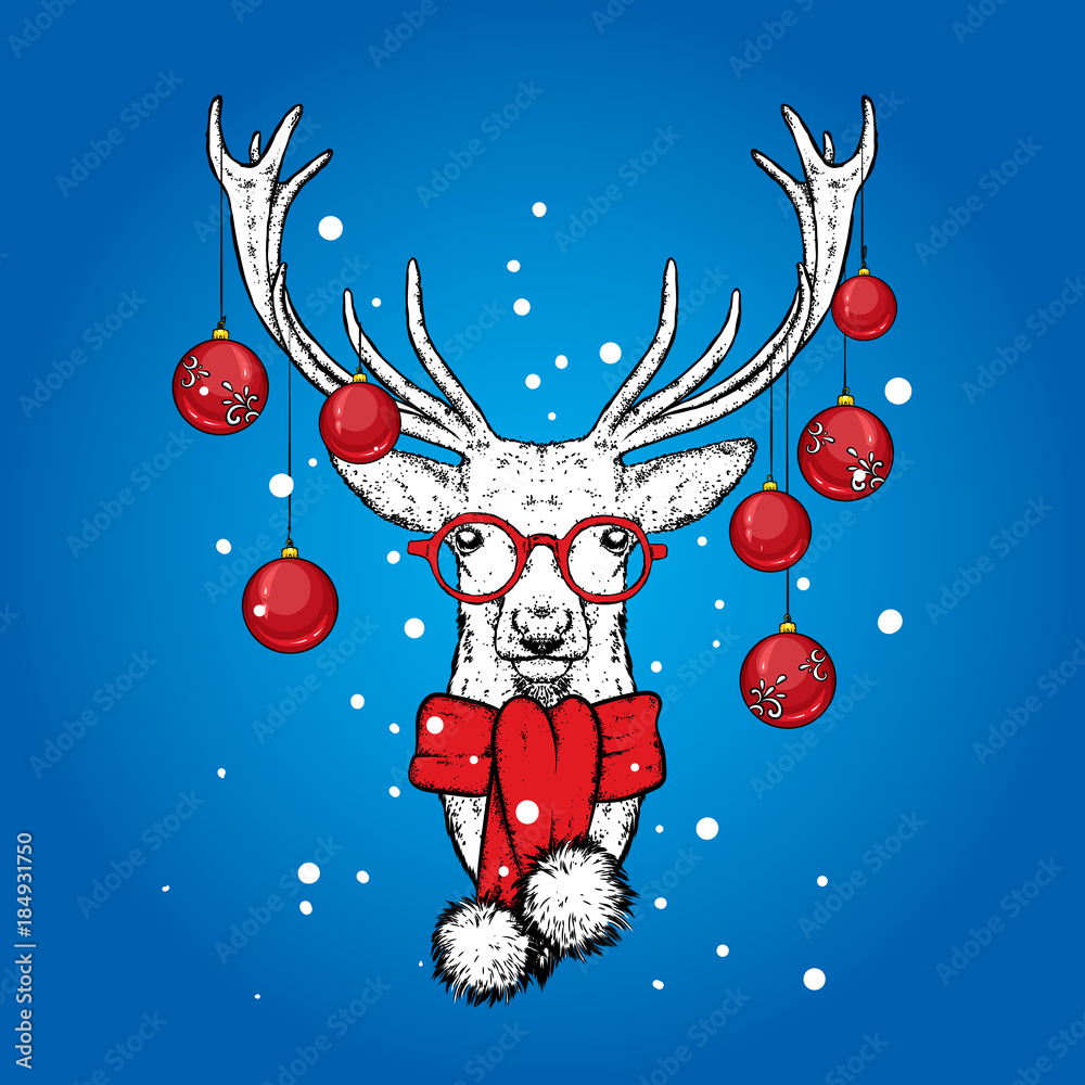 Naklejka premium Christmas deer with decorated horn balls. Vector illustration. New Year's and Christmas. An animal in a scarf and glasses.