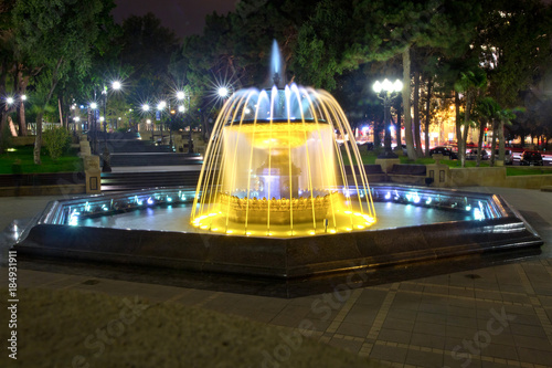 Sabir square fountain, Baku, Azerbaijan at night. The fountain in the city center. Baku Azerbaijan . night vision of a round park Fountains square