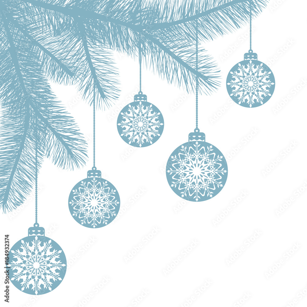 Hanging Christmas balls with snowflakes on spruce branches. Happy New Year holiday background with place for text. Vector illustration. Hanging Christmas balls with snowflakes on spruce branches. Happy New Year holiday background with place for text. Vector illustration.