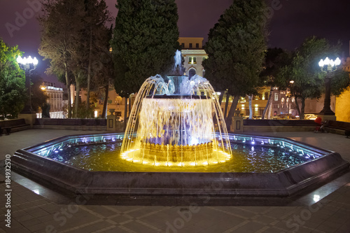 Sabir square fountain, Baku, Azerbaijan at night. The fountain in the city center. Baku Azerbaijan . night vision of a round park Fountains square