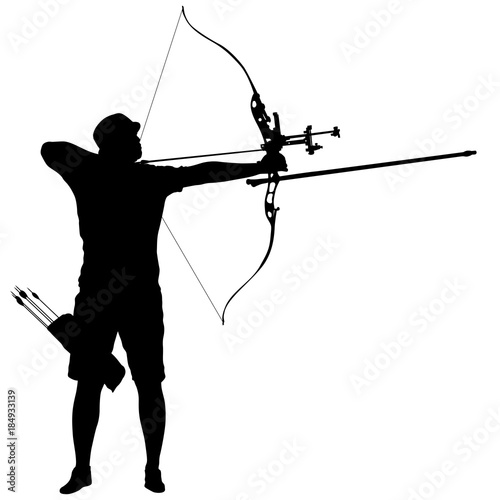 Silhouette attractive male archer bending a bow and aiming in the target