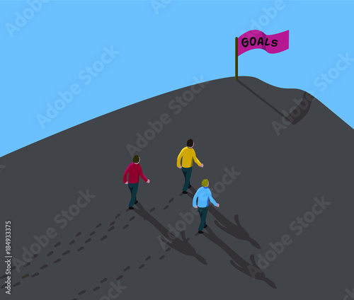 goal reach concept achieve the target three men team walking in dirt up to hill with red flag sign text goals 