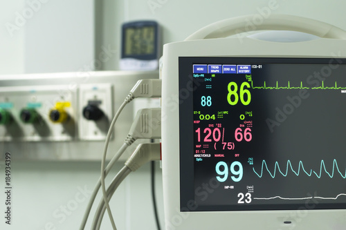 Monitor vital sign and EKG  monitor in ICU unit ,it show The waves of blood pressure, blood oxygen saturation, ECG,heart rate,respiratory rate.