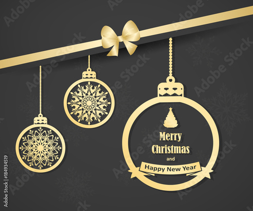 Beautiful Christmas card with gold hanging christmas balls and bow. Elegant background for New Year`s design. Merry Christmas and a happy new year. Vector illustration.