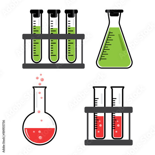 Colorful set chemical vessels and flasks with green, red liquid. Vector illustration