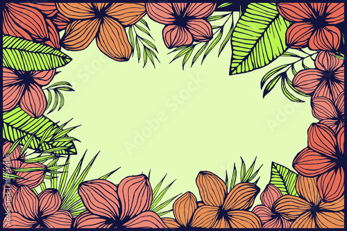 tropical frame, natural copy space design with plumeria flower, palm and monstera deliciosa and fan palm leaves