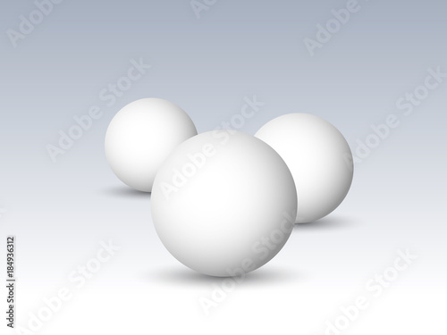 Three white spheres, balls or orbs. 3D vector objects with dropped shadow on gray background.