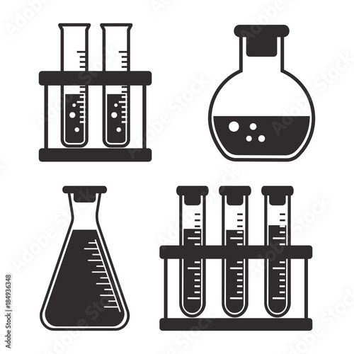 Black and white set chemical vessels and flasks with liquid. Vector illustration
