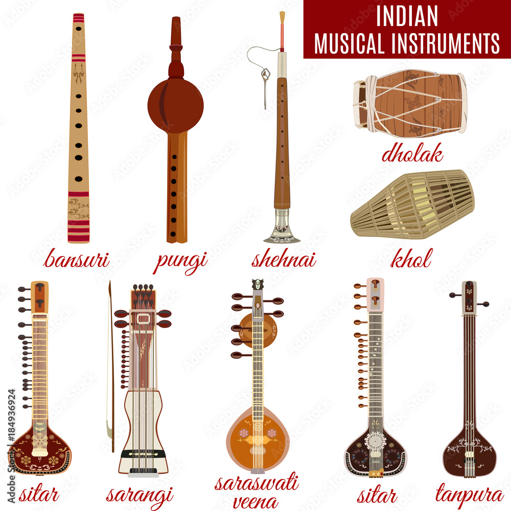 Fototapeta premium Vector set of indian musical instruments, flat style.