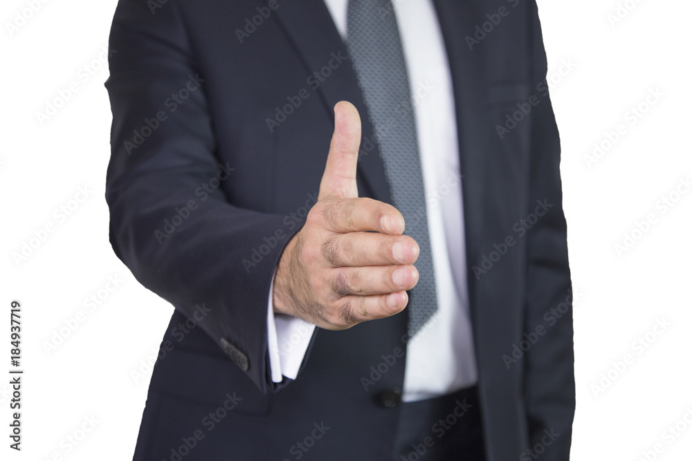 business man hand extended to handshake isolated on white background. Business man offers his hand ready to seal a deal business man hand extended to handshake isolated on white background. Business man offers his hand ready to seal a deal