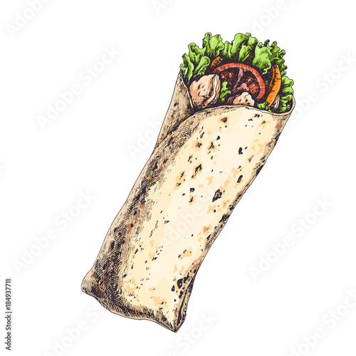 Tasty wrap with tomatoes, pieces of pepper, meat and lettuce leaves isolated on white. Hand drawn vintage illustration with traditional mexican or arabic food. Engraved style.