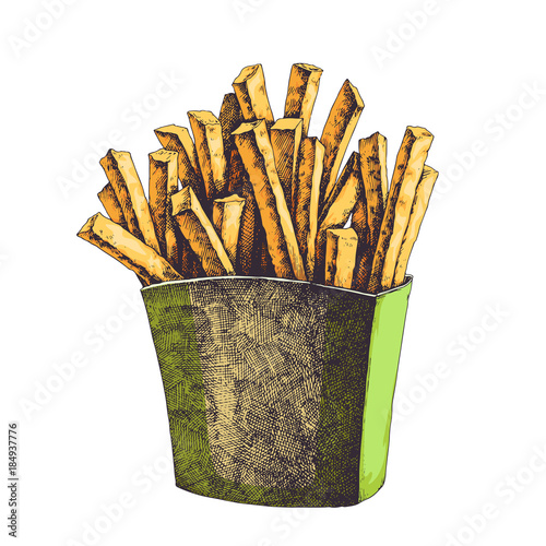 Vector color hand drawn tasty french fries in paper box. Vintage illustration of traditional fast food isolated on white background. Engraved style