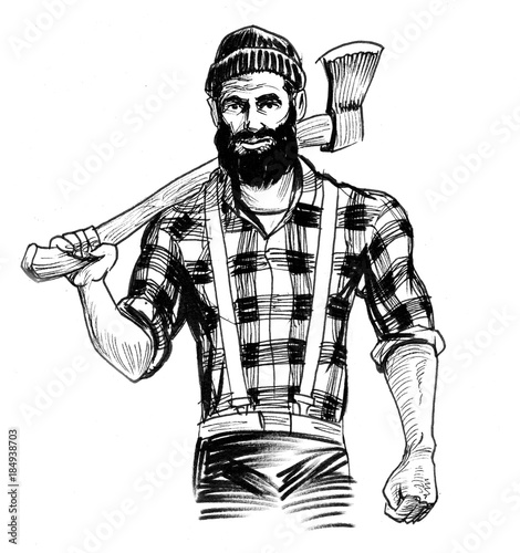 Bearded lumberjack with an axe photo