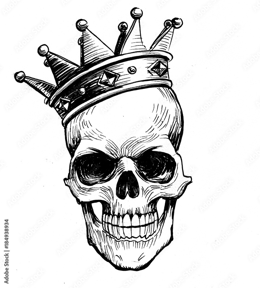 Black and white ink illustration of a human skull in crown Stock ...