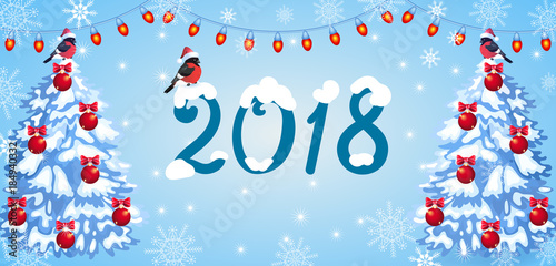 Christmas card with inscription 2018 and fir tree with red ball