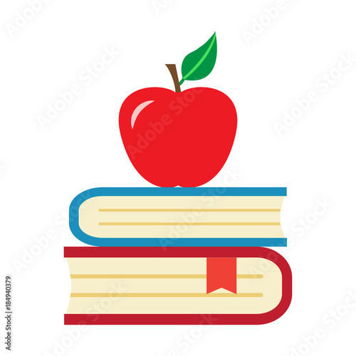 Red apple and books. Vector illustration