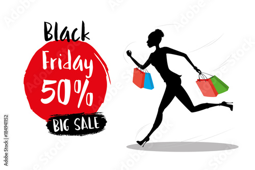 Silhouette of women with shopping bags runs to Black Friday.