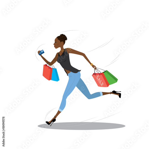 Young african american girl running with shopping bags