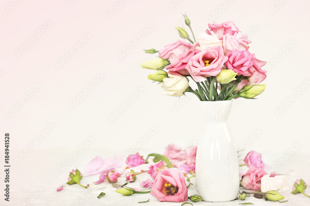 Delicate eustoma posy, pink blooming flowers bouquet festive background, pastel and soft floral card Delicate eustoma posy, pink blooming flowers bouquet festive background, pastel and soft floral card