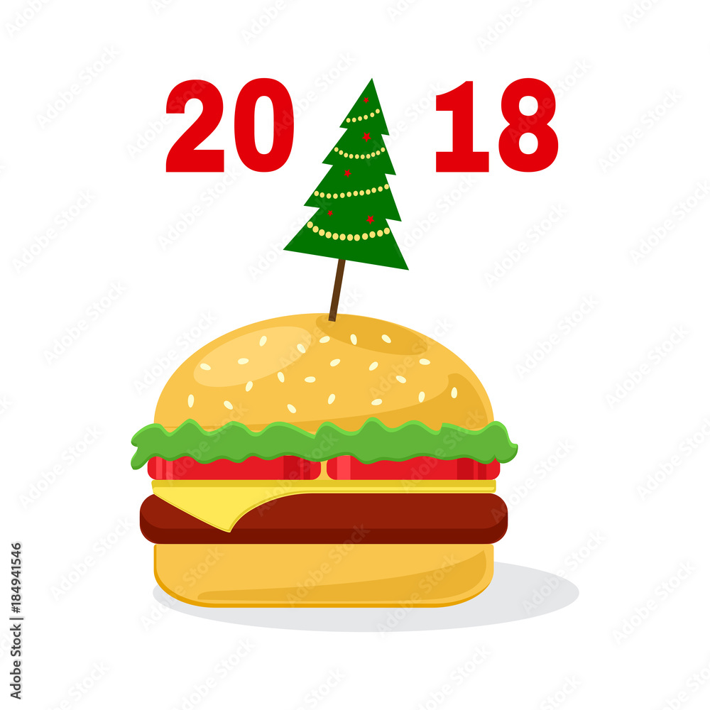 Cheeseburger with christmas tree and red inscription 2018. Colorful illustration for Christmas, New Year's Day. Vector Cheeseburger with christmas tree and red inscription 2018. Colorful illustration for Christmas, New Year's Day. Vector