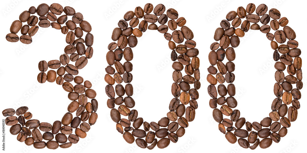 Arabic numeral 300, three hundred, from coffee beans, isolated on white background Arabic numeral 300, three hundred, from coffee beans, isolated on white background