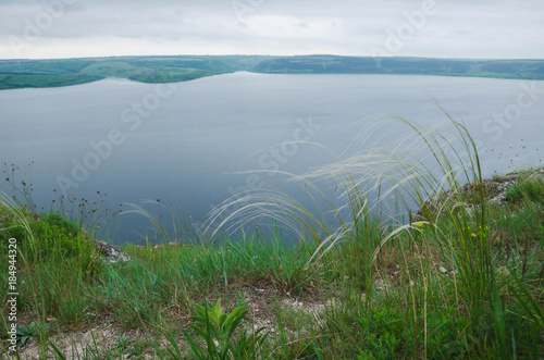 Aerial view on the Dniester Canyon  River and Bakota Bay in National Park Podillya Tovtry. Location place  Bakota  Ukraine.