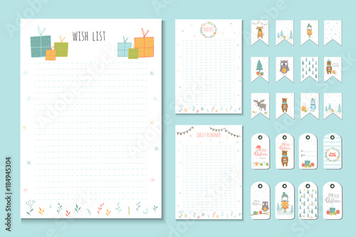 Christmas holiday to do lists, planner, cute notes with winter vector illustrations.
