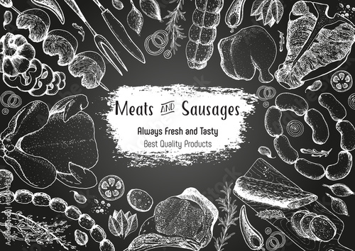 Meats and sausages top view frame. Vector illustration. Engraved design. Hand drawn illustration. Meat products design template.