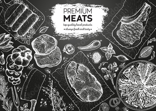 Meats and sausages top view frame. Vector illustration. Engraved design. Hand drawn illustration. Meat products design template.
