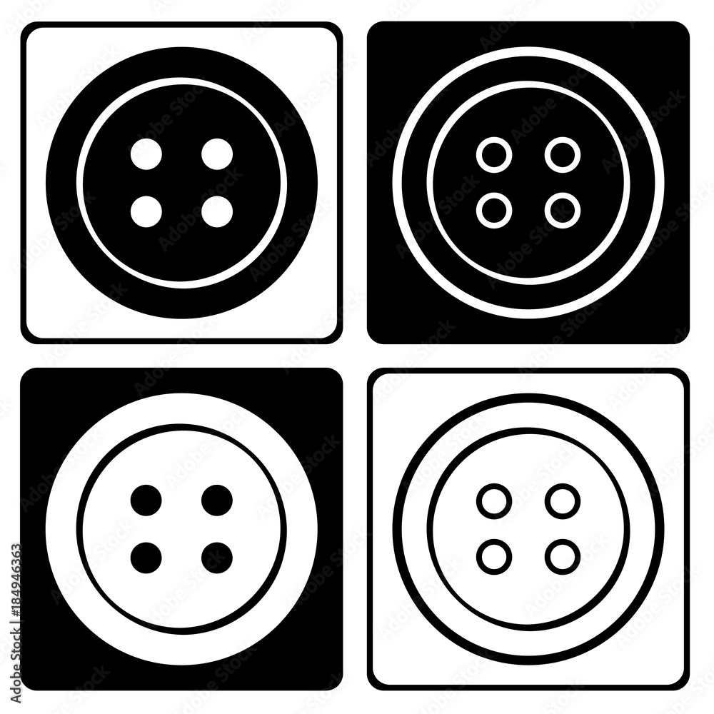 Set of black and white round clothing buttons icon. Flat and outline design. Vector illustration Set of black and white round clothing buttons icon. Flat and outline design. Vector illustration