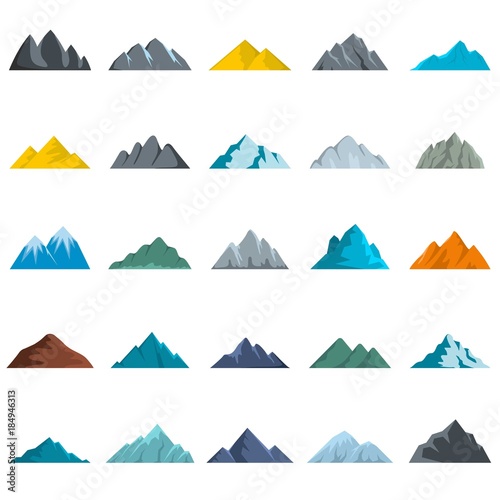Mountain icons set. Flat illustration of 25 mountain vector icons isolated on white background