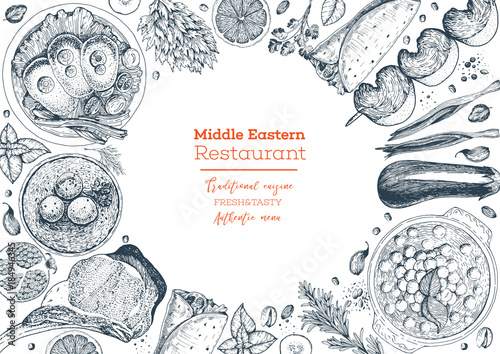 Middle eastern cuisine top view frame. Food menu design with hummus, kebab, shawarma, gefilte fish, matzoh ball soup. Vintage hand drawn sketch vector illustration. Middle eastern traditional food.