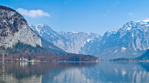 View of the lake Hallstater See with white swan, Austria