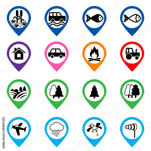 Offroad event and camping icons set. Vector illustration.