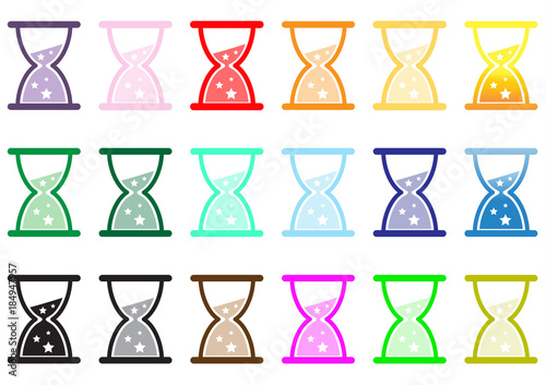 Flat design hourglass with various stars in various colors.